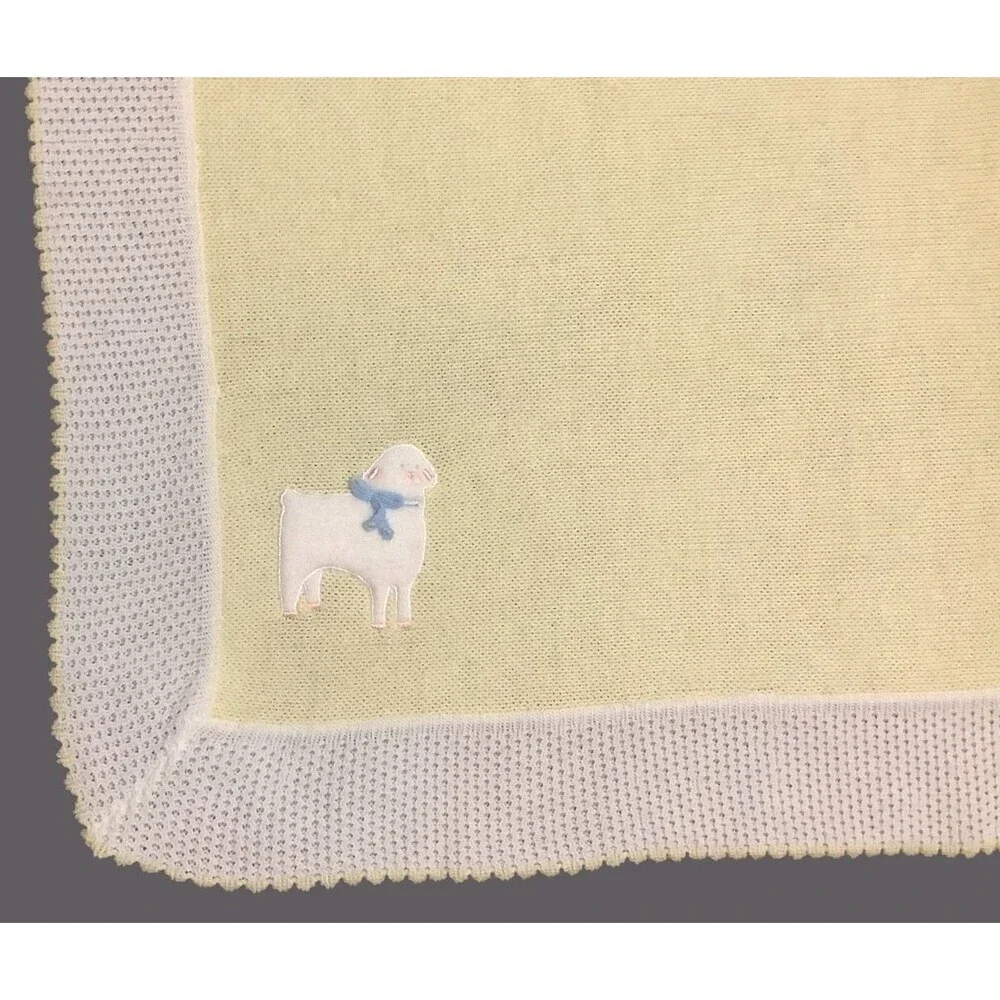 VTG Baby Kisses Yellow White Acrylic Weave Baby Baptism Blanket Embroidered Lamb